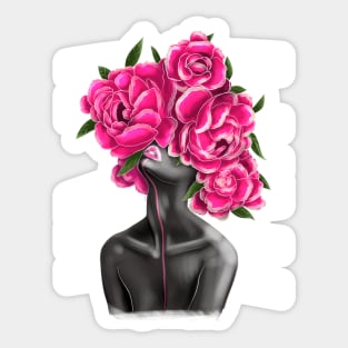 Black and white girl with color beautiful flowers in her head. Sticker